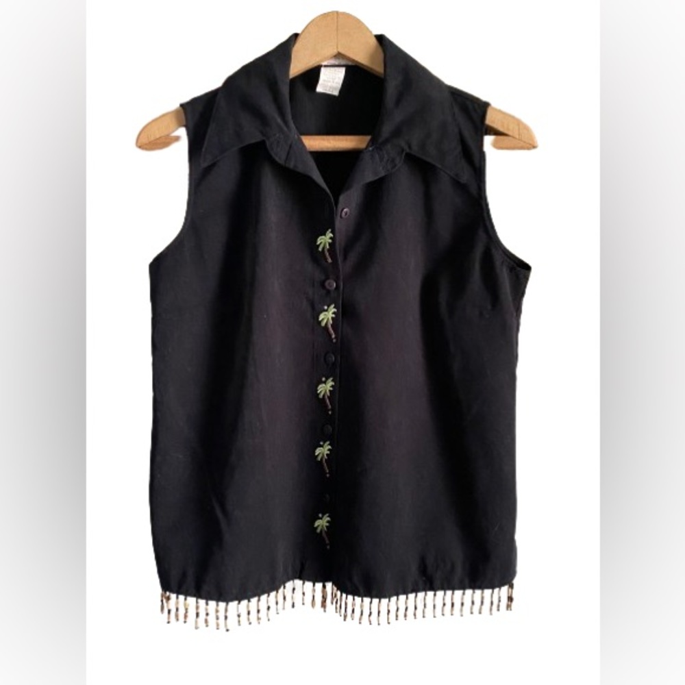 Renee Custom Designed Palm Tree Embroidered Sleeveless Button Up Shirt Sz S